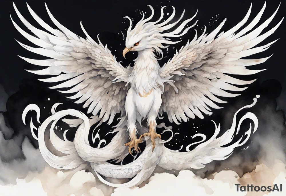 a white phoenix-serpent hybrid wearing a crown, flying in the air tattoo idea