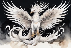 a white phoenix-serpent hybrid wearing a crown, flying in the air tattoo idea