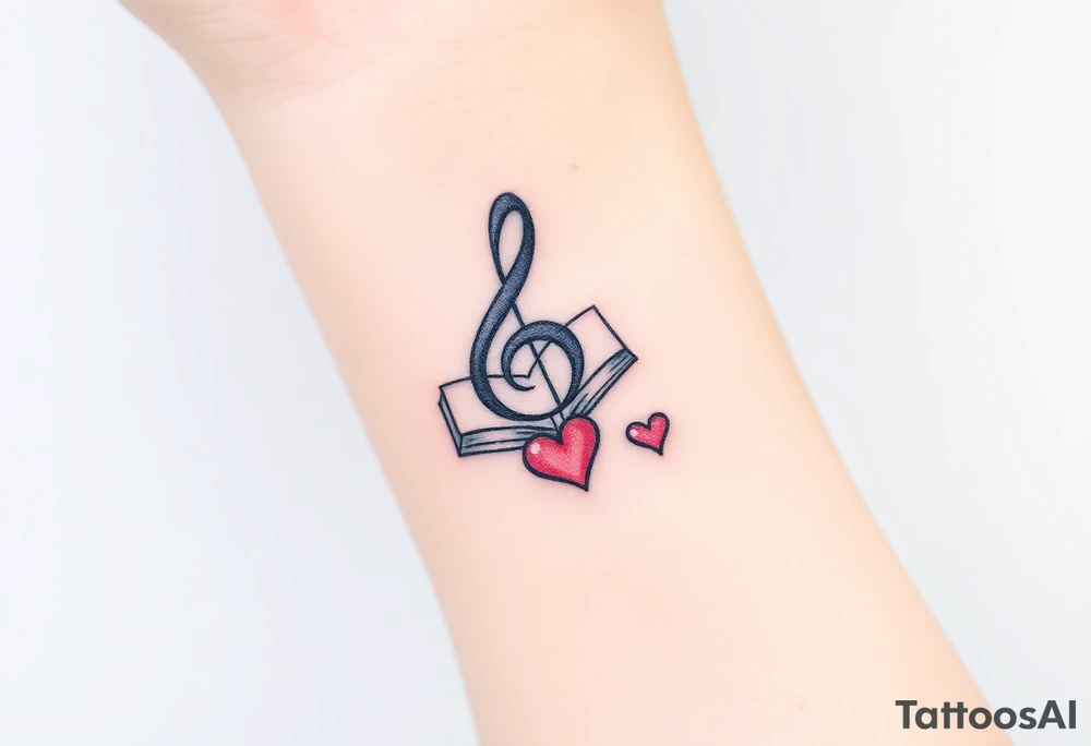 A swirl containing the Treble clef, book, dog paw, star, heart tattoo idea