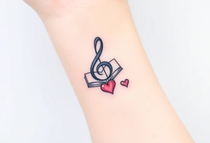 A swirl containing the Treble clef, book, dog paw, star, heart tattoo idea