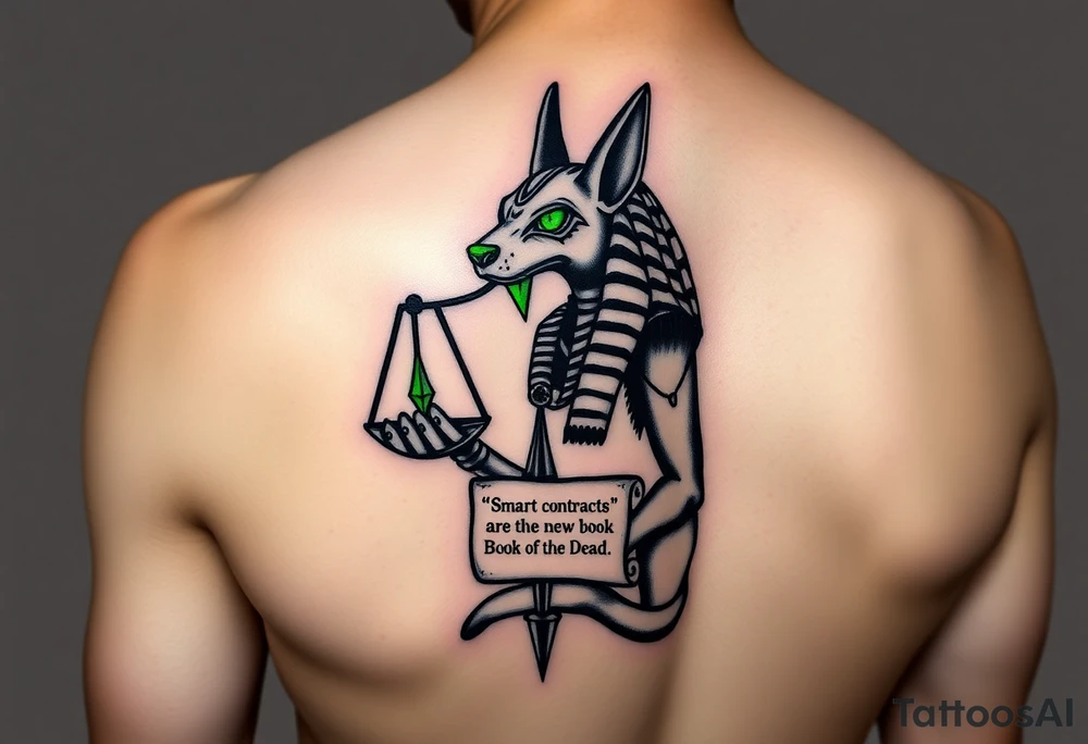 "Anubis as a blockchain arbitrator:  
- Jackal head replaced with NFT pixel-art  
- Scales weigh ETH vs. human souls  
- Scroll in paw: *'Smart contracts are the new Book of the Dead'*  

Style: Glitch hieroglyph. Black/neon green. Forearm." tattoo idea