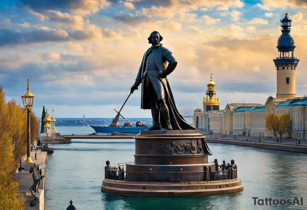 In the foreground stands the majestic figure of Duke de Richelieu, the renowned governor, pointing forward as if commanding the waves of the Black Sea. Surrounding him are symbols of Odesa - a ship's wheel representing the city's maritime heritage, a lighthouse beacon guiding seafarers, and the monumental Potemkin Stairs descending to the port. In the background, the waves of the Black Sea, intrinsic to Odesa's coastal identity, seem to applaud its grandeur. This tattoo embodies the unique spirit of Odesa, its rich history, and inseparable bond with the sea. tattoo idea