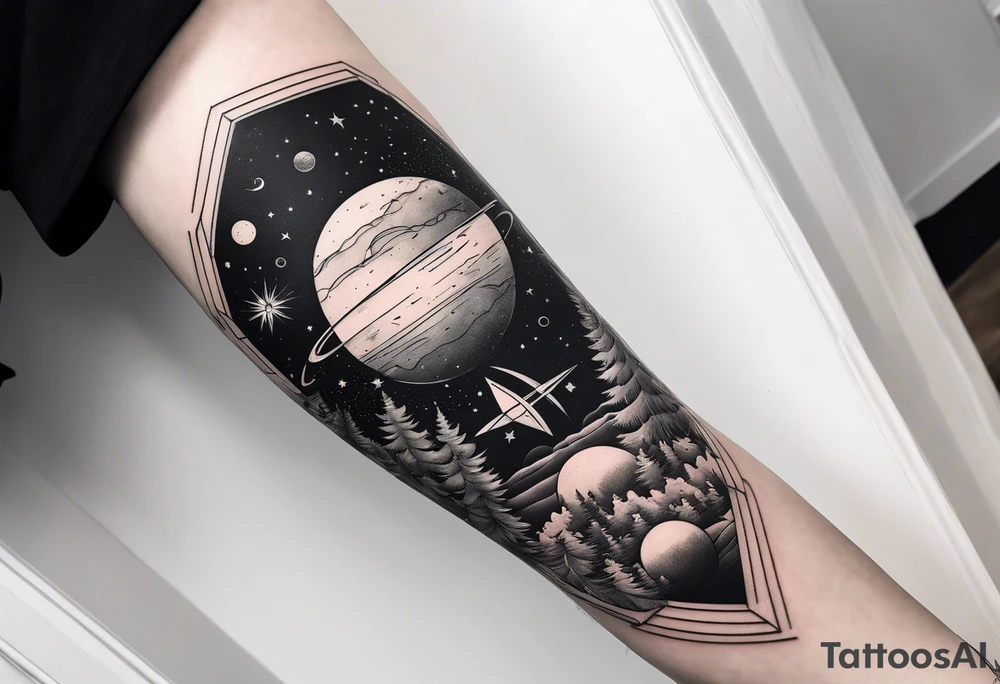 geometric half sleeve tatoo, space, nature tattoo idea