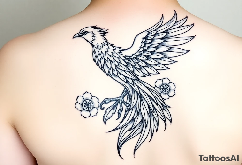 2. Phoenix Rising Over Water
	•	A phoenix (rebirth, power, transformation) spreading its wings over your shoulder.
	•	Behind it: a cascading waterfall to tie into your geisha back piece.
	•	The wings could subtly contain linework of roses and waves.
	•	On the chest side, the feathers could hide smaller symbols (like a bulldog pawprint, or a book page worked into the detail). tattoo idea