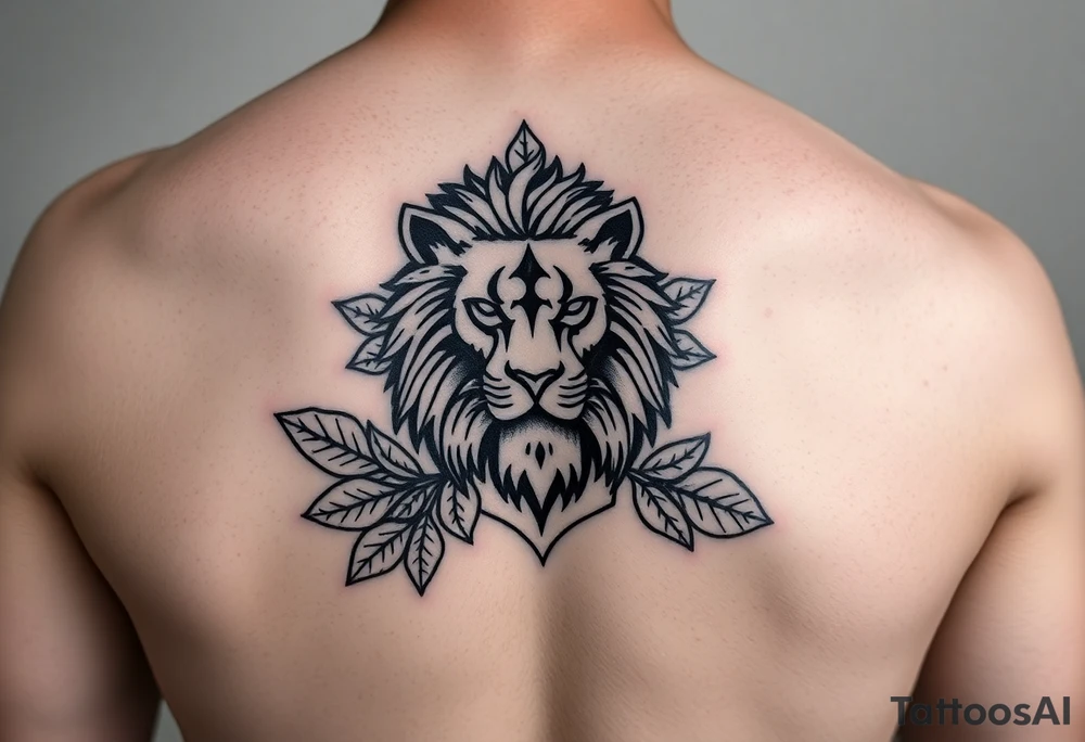 Lion abstract surrounded by leaves, black lines outlining shapes of the animal, fit onto an arm tattoo idea
