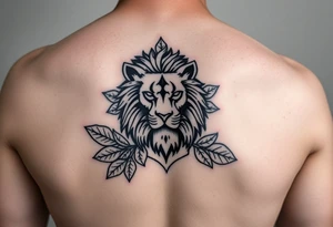 Lion abstract surrounded by leaves, black lines outlining shapes of the animal, fit onto an arm tattoo idea
