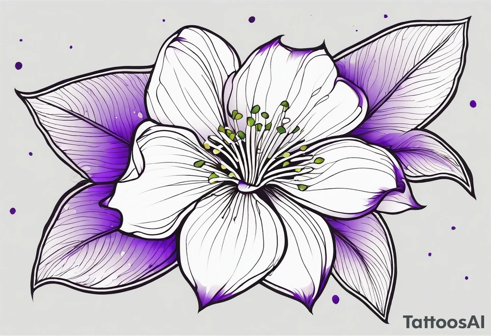 An outline of a rio dipladenia flower with a splatter green and purple behind it tattoo idea