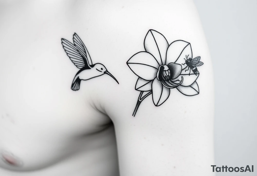 A delicate, black and white fine-line tattoo for male, featuring gracefully detailed 2 orchids in full bloom including their stems, with soft, intricate petals and elegant curves. Beside it, a hummingbird hovers mid-flight, its wings drawn with subtle motion lines, its slender beak reaching toward the orchid’s center to drink its nectar. on the other flower there is a bee that is resting tattoo idea