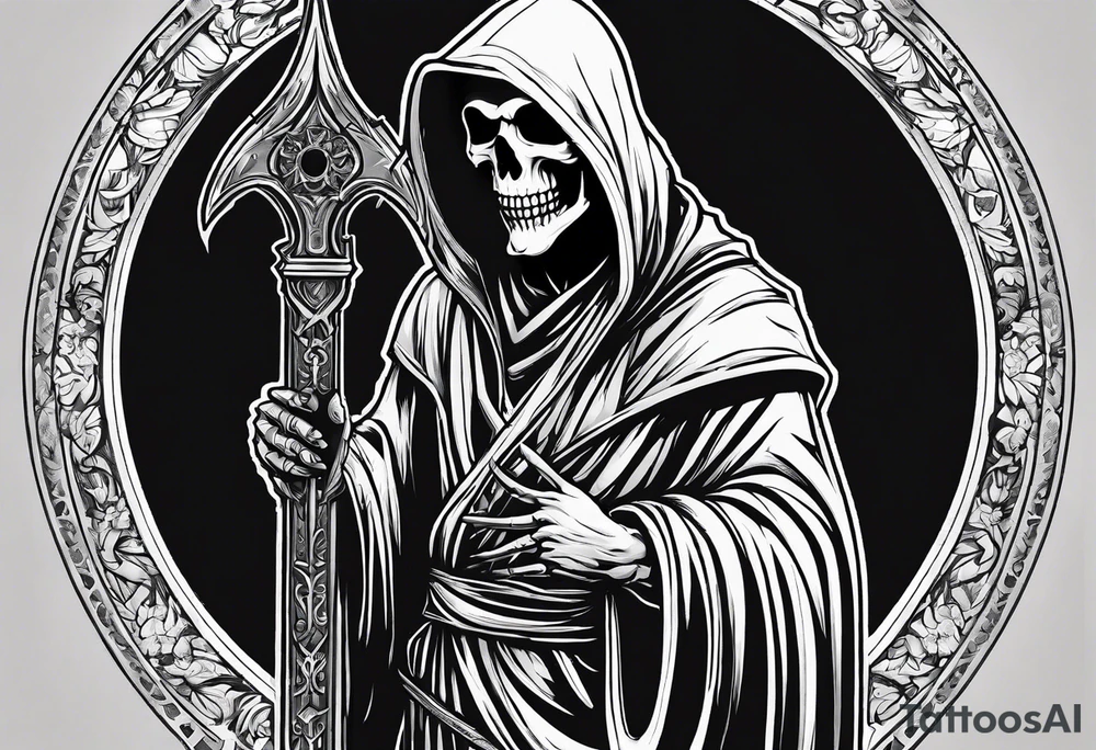 full body grim reaper with his hood off and a halo above his head tattoo idea