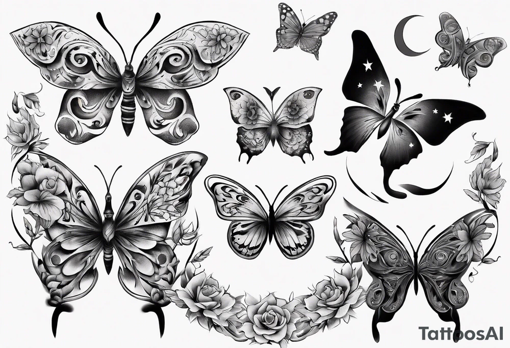 Butterfly wrap tattoos with moon and floral theme tattoo idea Butterfly wrap tattoos with moon and floral theme tattoo idea