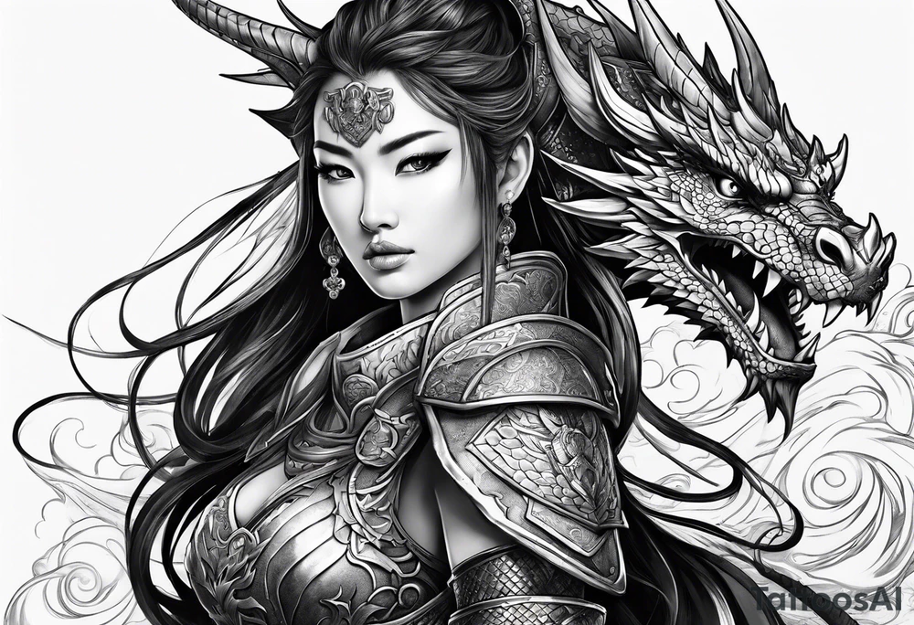 beautiful warrior woman wearing dragon armor and a dragon flying tattoo idea