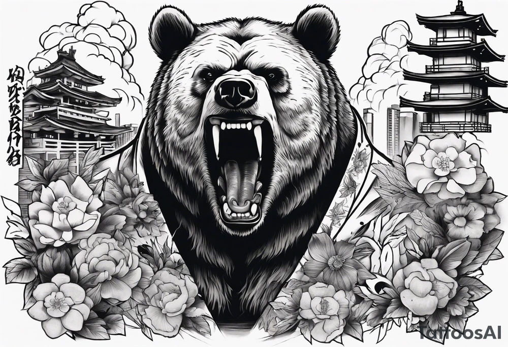 Serious bear coming up behind a city tattoo idea