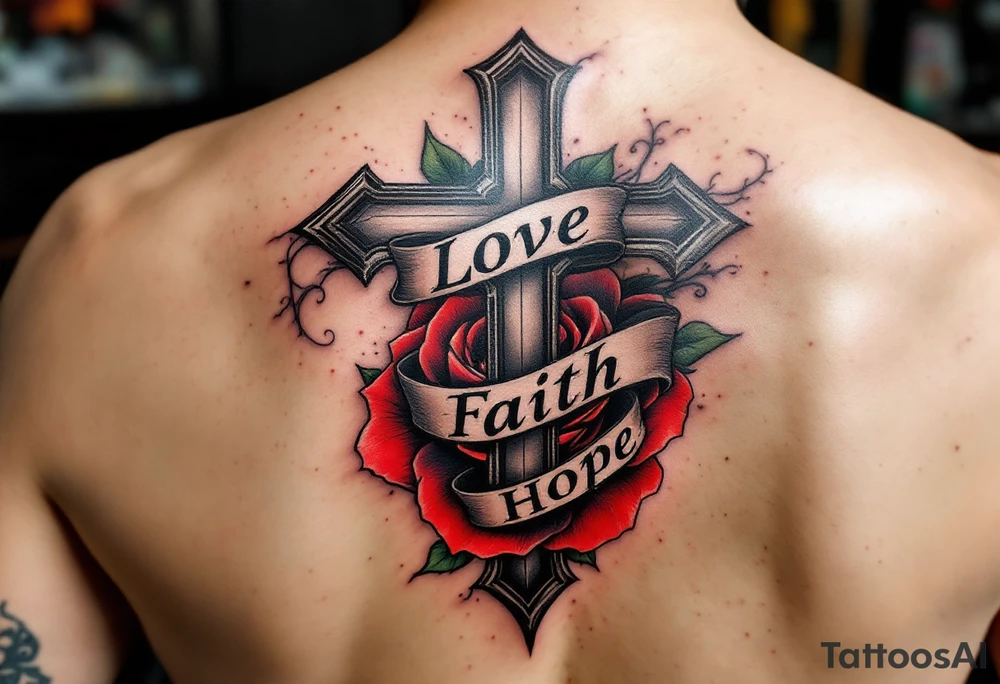 Bold black gothic font with a cross behind it in shadowy gray and a rose winding around the letters in red and green love faith hope. tattoo idea