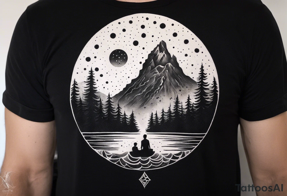 nature with mountains, waterfall, water, and a father and son in the background and and moon/sun in the sky with stars tattoo idea