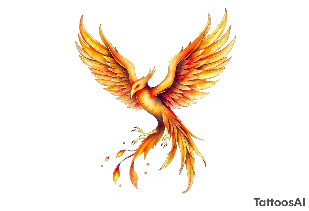 magnificent phoenix rising from golden flames with trailing embers tattoo idea