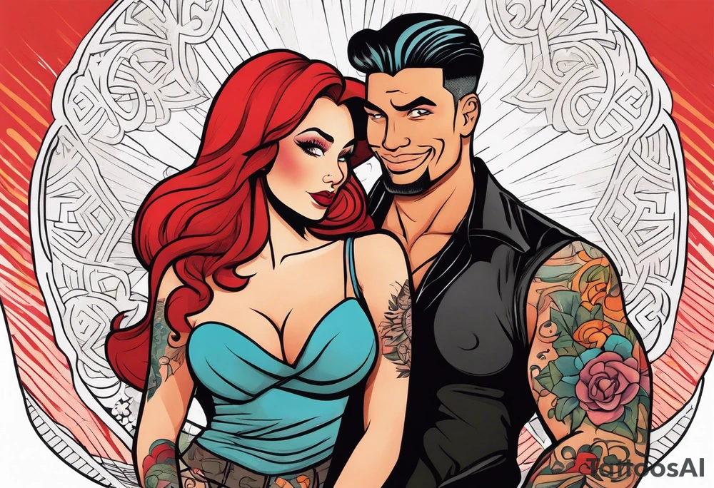 Busty Red haired woman with tall black haired man tattoo idea