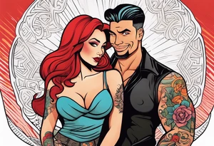 Busty Red haired woman with tall black haired man tattoo idea
