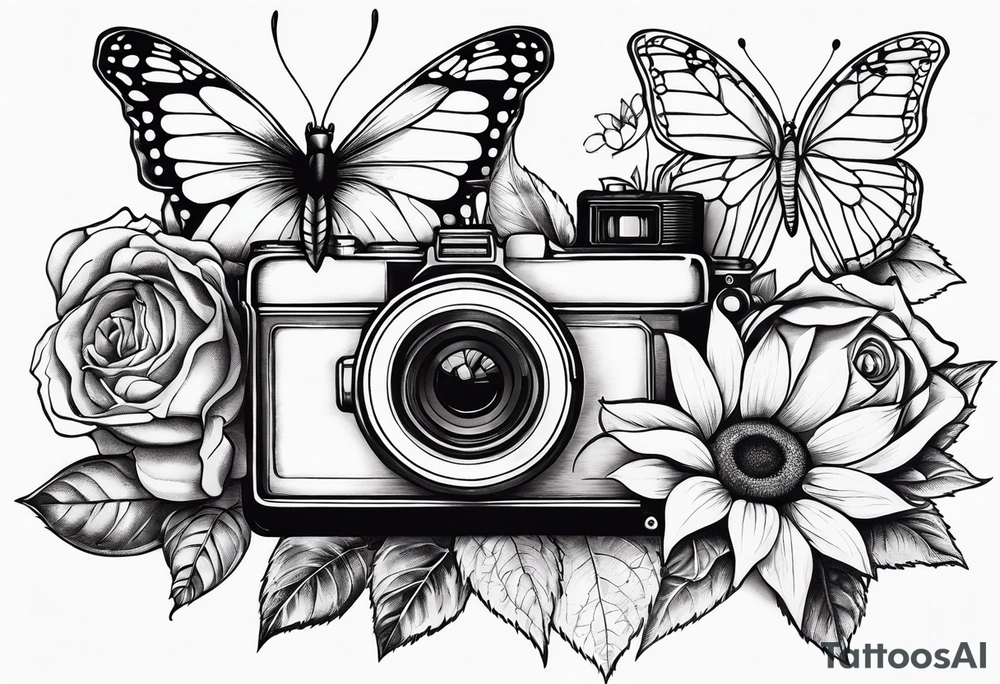 Flower : rose , sunflower, camera, butterfly tattoo idea