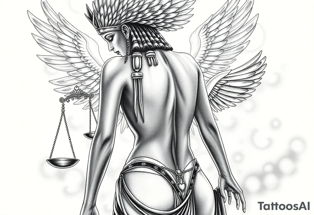 Sexy Egyptian goddess with a curvy body, slightly turned So you can see her ass. She is wearing an ostrich feather headdress, and intricate ancient Egyptian jewelry. Background includes something similar to heaven. Incorporate the Scales of Justice—one side holding a heart, the other Ma’at’s feather—glowing with ethereal energy. Emphasize dramatic lighting, deep shadows, and surreal, mystical atmosphere tattoo idea