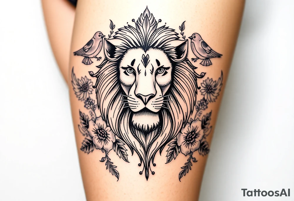 powerful majestic lion with a crown, surrounded by floral ornaments and birds tattoo idea