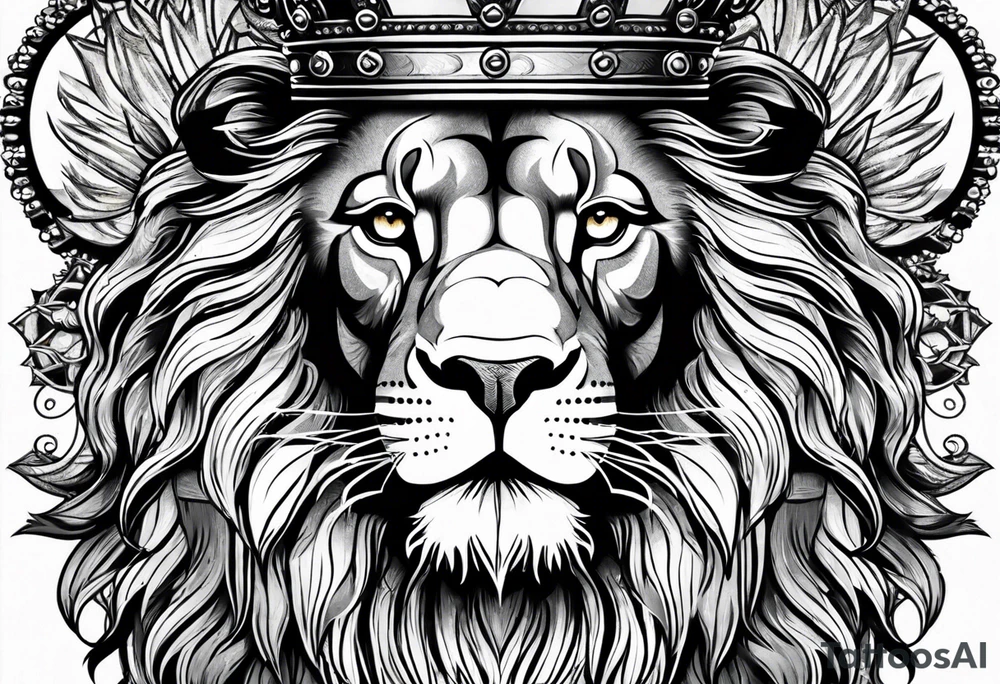 lion with crown on the head and sparkling eyes tattoo idea