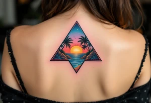 A triangle with a big heart in the center with an ocean palm tree theme tattoo idea