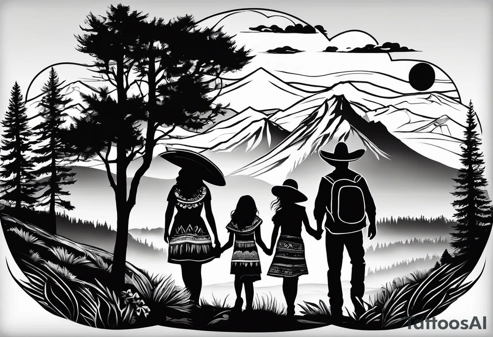 A shadow of a family of four walking through the Pacific northwest landscape. Faith centered and add Mexican culture .  Shoulder Tattoo tattoo idea