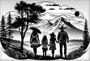 A shadow of a family of four walking through the Pacific northwest landscape. Faith centered and add Mexican culture .  Shoulder Tattoo tattoo idea