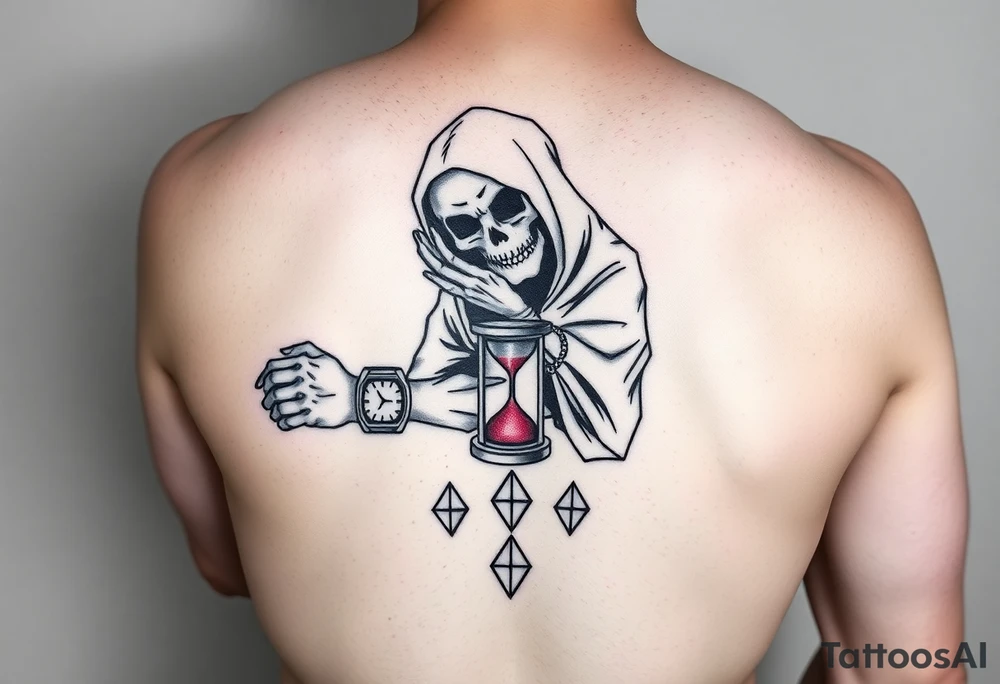 Simple grim reaper looking at a watch on his wrist with a hourglass with red sand and diamond geometric shapes for the thigh tattoo idea