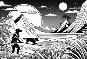 Beach Mountain Racket dog and woman tattoo idea