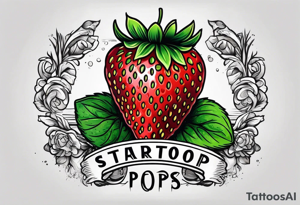 single strawberry wrapped in memorial banner saying Pops tattoo idea