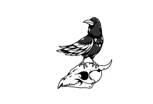 Crow with mushroom in its beak, standing on an animal skull tattoo idea
