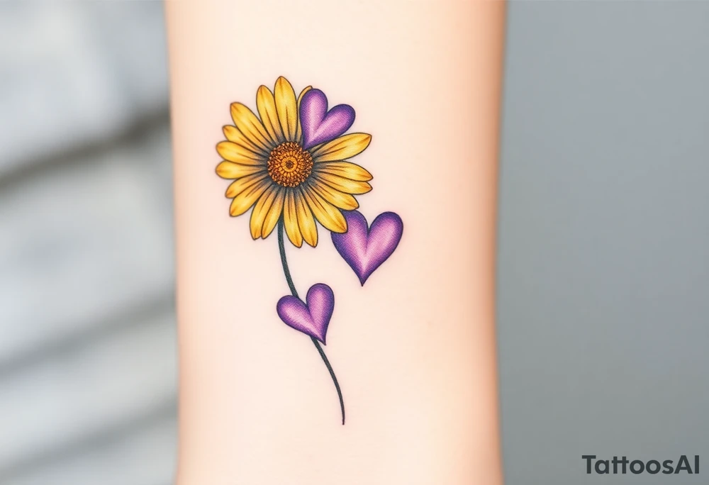 Yellow daisy & Purple Hearts tattoo idea
