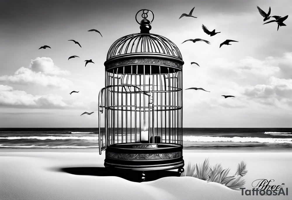 An open birdcage on the beach with the words be free tattoo idea