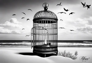 An open birdcage on the beach with the words be free tattoo idea
