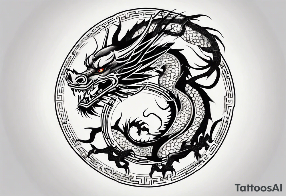 Chinese dragon in a circular shape with "02.03" written on its skin tattoo idea