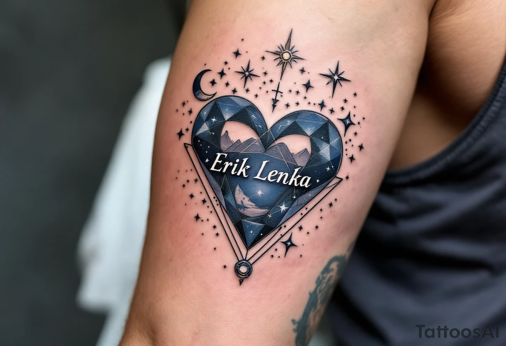 A heart surrounded by celestial bodies, with stars, a crescent moon, and the name "Erik Lenka" written in an elegant, silver font, surrounded by soft shades of midnight blue. tattoo idea
