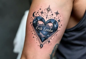 A heart surrounded by celestial bodies, with stars, a crescent moon, and the name "Erik Lenka" written in an elegant, silver font, surrounded by soft shades of midnight blue. tattoo idea