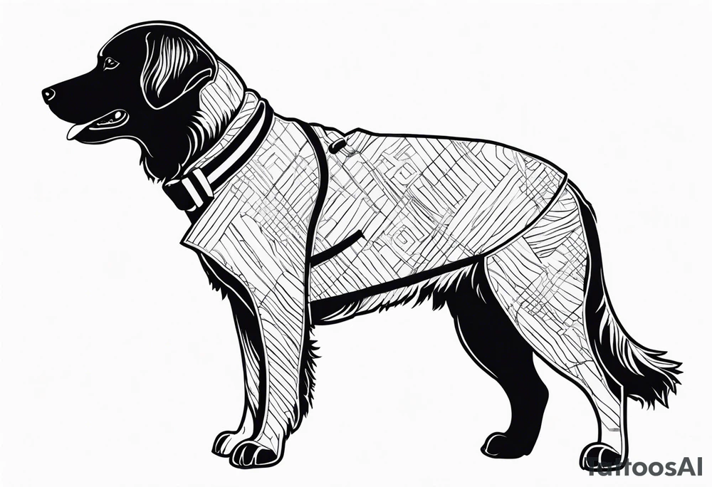 a golden retriever in a jujitsu gi including belt full body view tattoo idea