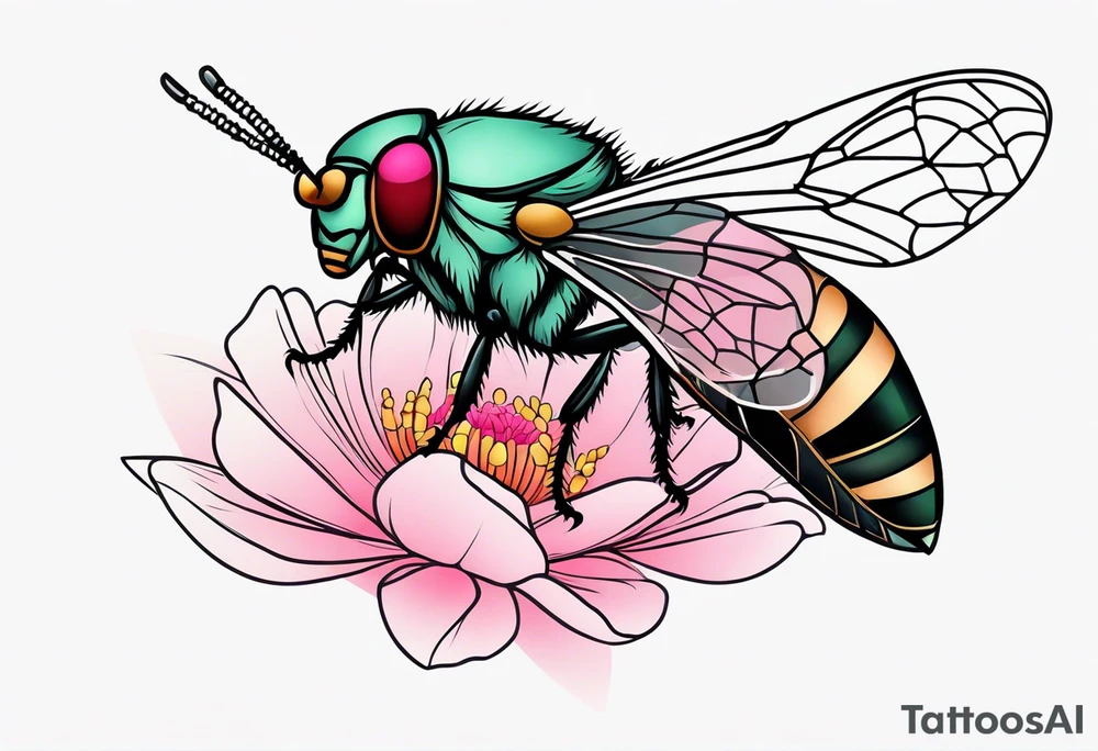 Neo traditional Cicada and pink flower tattoo idea