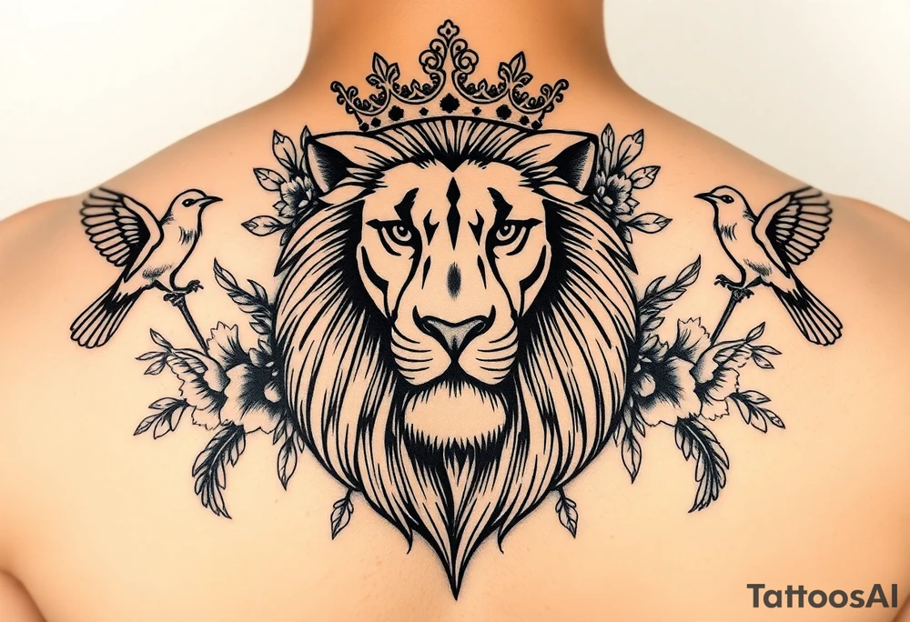 powerful majestic lion with a crown, surrounded by floral ornaments and birds tattoo idea