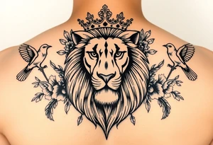 powerful majestic lion with a crown, surrounded by floral ornaments and birds tattoo idea
