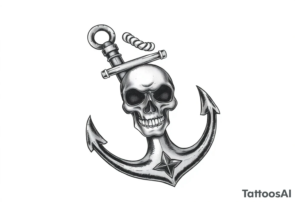 weathered anchor wrapped in nautical rope with sea wares and Roses aged skull, tattoo idea