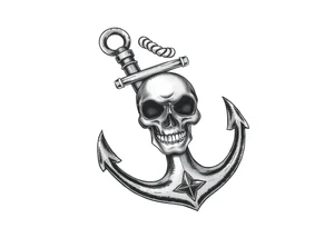 weathered anchor wrapped in nautical rope with sea wares and Roses aged skull, tattoo idea