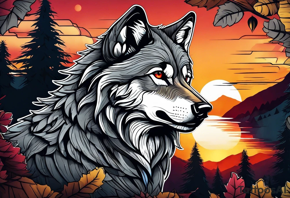 Badass wolf wearing sunglasses
Dark woods
Mountains
Sunset tattoo idea