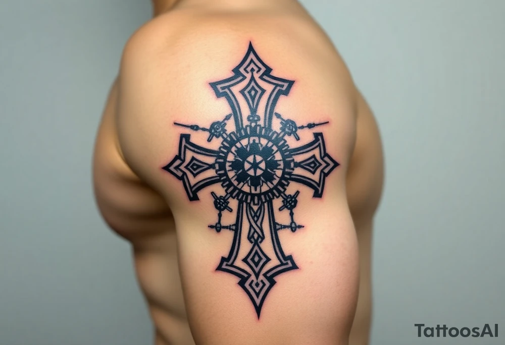 A bio-mechanical Maltese cross fused with gears and wires, combining organic and mechanical elements tattoo idea