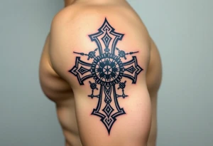 A bio-mechanical Maltese cross fused with gears and wires, combining organic and mechanical elements tattoo idea