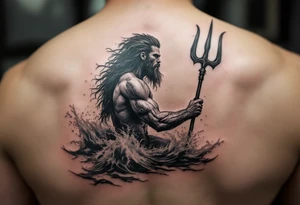 fit poseidon, with trident, in rough water, looking at the horizon tattoo idea