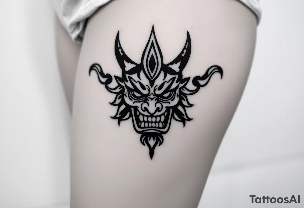Oni mask surrounded by smoke tattoo idea