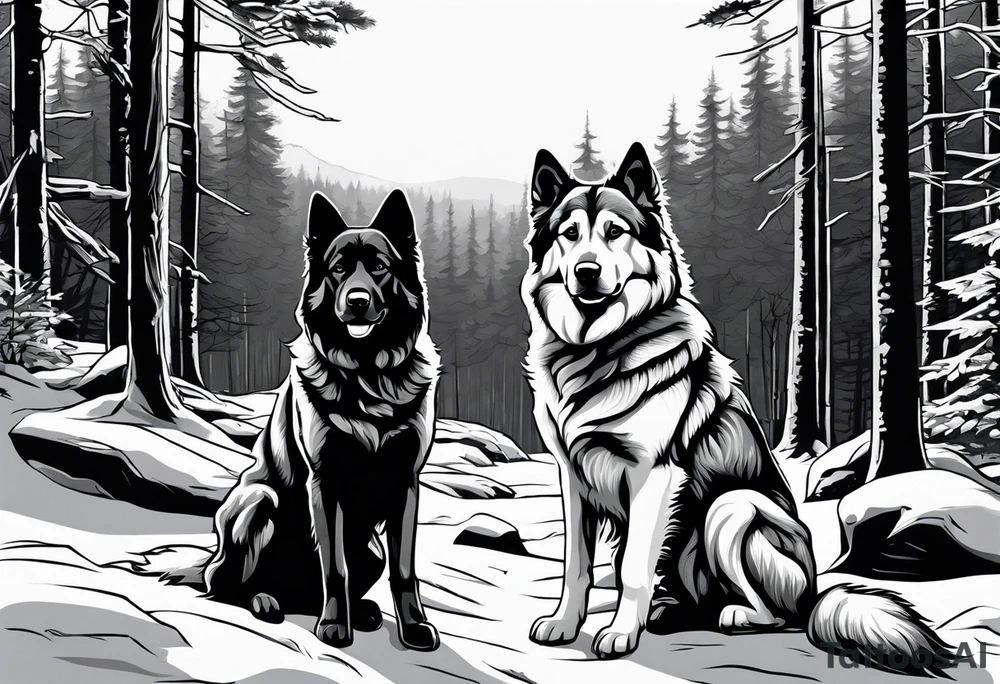 two norwegian elkhounds guarding a dark forest make the forest in the background tattoo idea